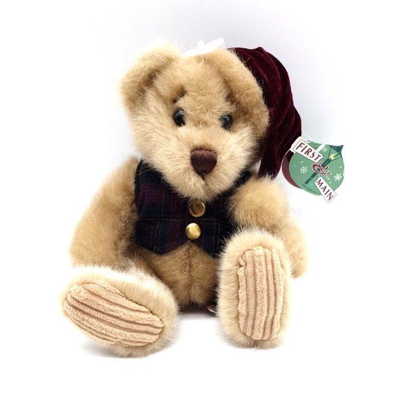 First & Main Minky Holiday Teddy Bear Chirismas Plaid Vest Santa Hat Collectable - Picture 1 of 11